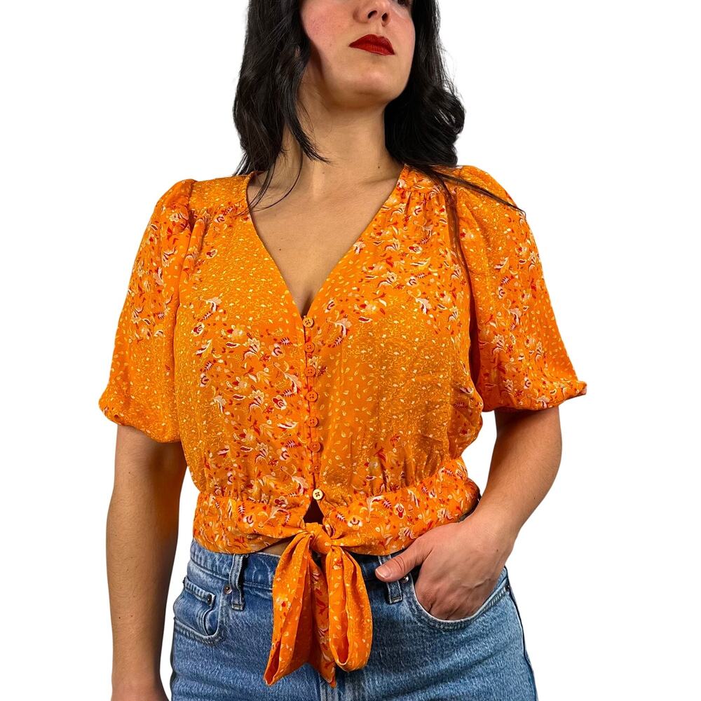 Joie Orange Cropped Tie Button Front Half Sleeve Floral Blouse